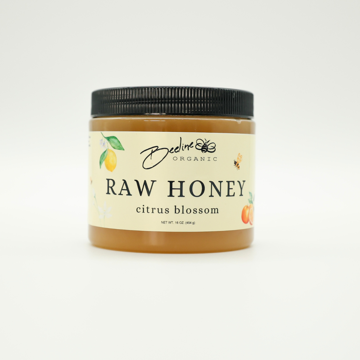 Citrus blossom raw honey 16oz jar detail — unfiltered orange lemon lime tangerine blossom honey from Fresno CA