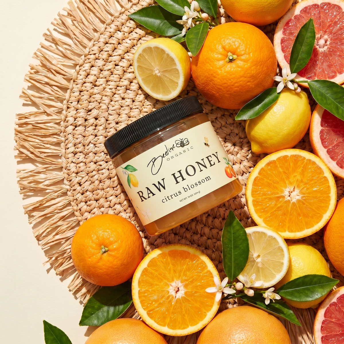 16-ounce Citrus Blossom raw honey jar from Beeline Organic Honey
