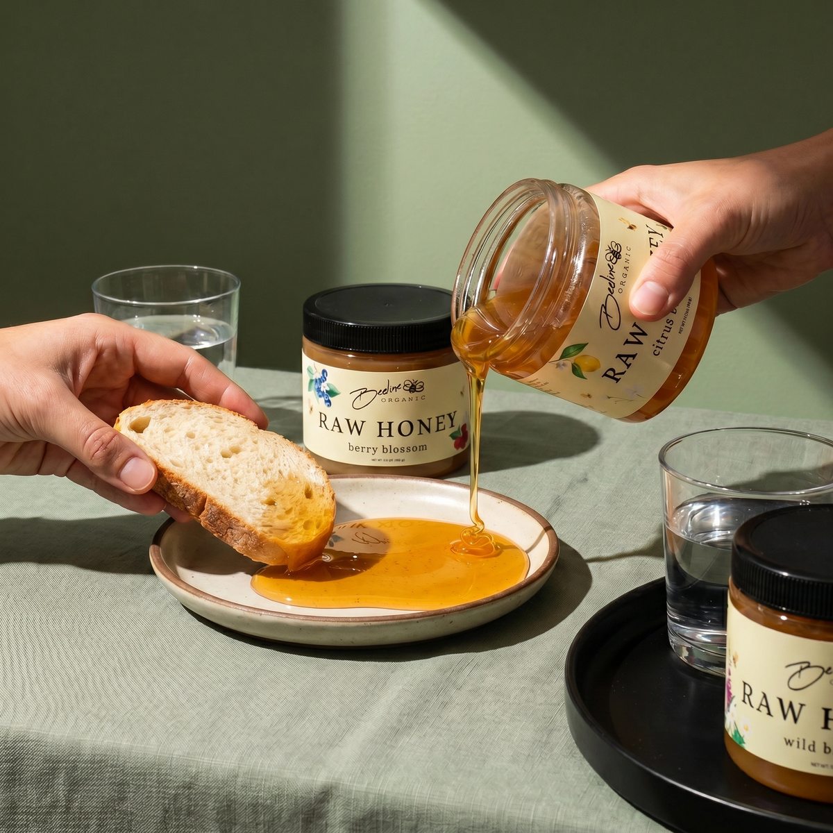 16-ounce jars of raw honey from Beeline Organic Honey