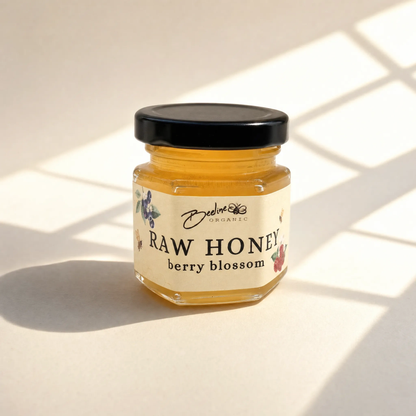 Raw berry blossom honey 1.5oz mini jar — pure unfiltered Washington honey from blueberry and raspberry orchards