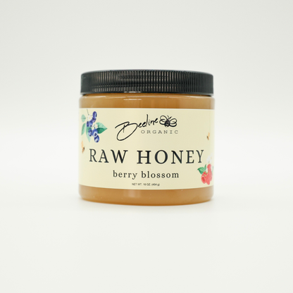 16oz jar of Beeline Organic Raw Berry Blossom Honey from Bellingham Washington.