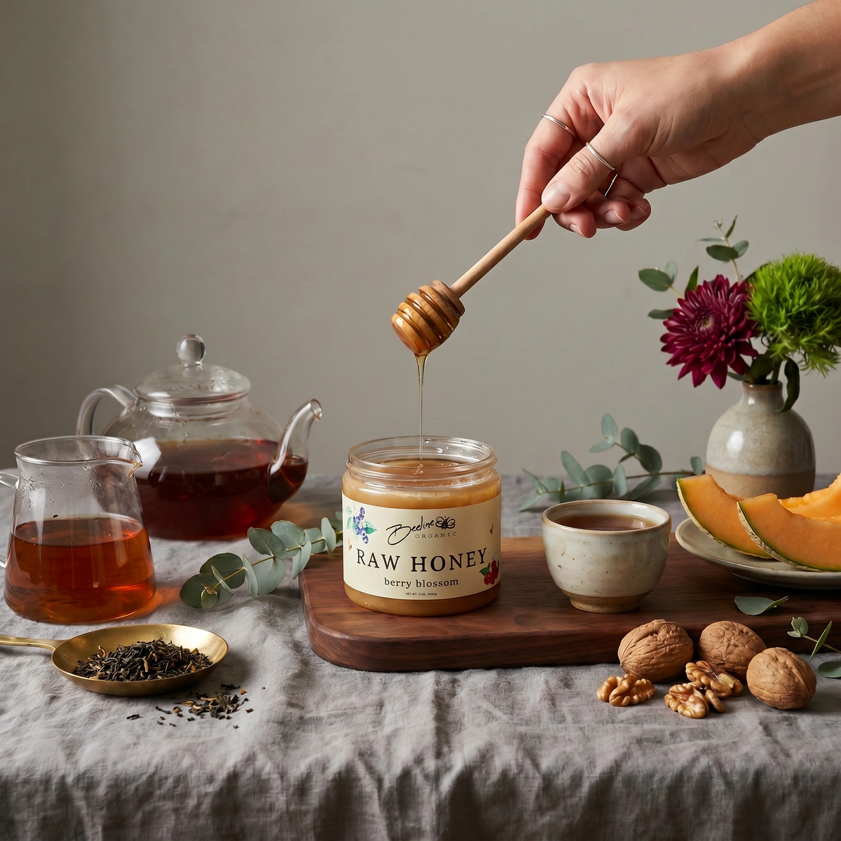 Berry blossom raw honey 16oz jar detail — unfiltered blueberry raspberry blossom honey from Washington