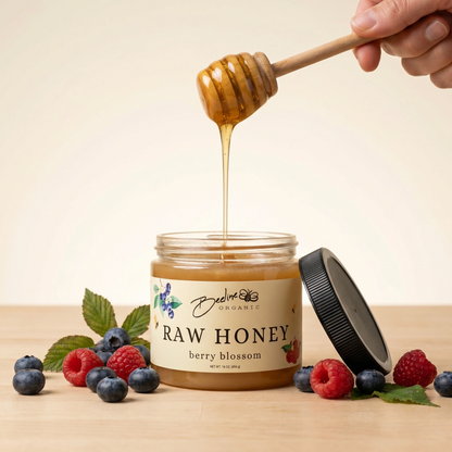 Beeline Organic berry blossom honey 16oz open lid — unfiltered raw honey with natural enzymes intact