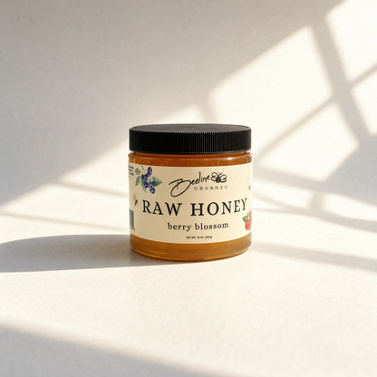 Raw berry blossom honey 16oz jar — pure unfiltered Washington honey from blueberry and raspberry orchards