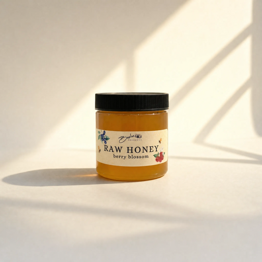 Raw berry blossom honey 4oz jar — pure unfiltered Washington honey from blueberry and raspberry orchards