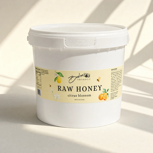 Raw citrus blossom honey 1 gallon bucket — bulk pure unfiltered California honey from Fresno orange lemon lime and tangerine groves