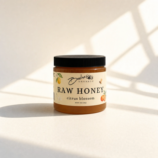 Raw citrus blossom honey 16oz jar — pure unfiltered California honey from Fresno orange lemon lime and tangerine groves