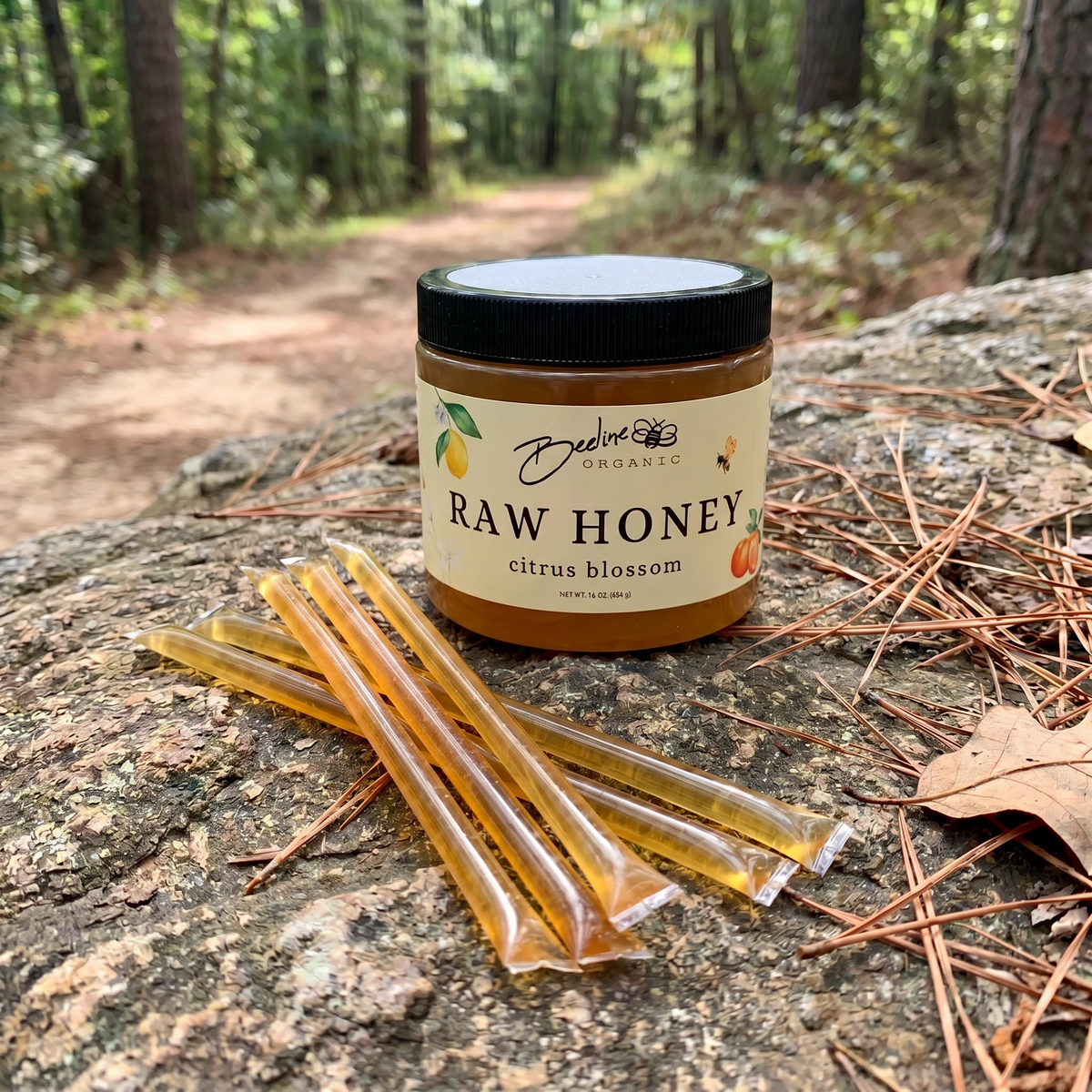 Raw citrus blossom honey 16oz lifestyle shot — small batch California honey from Fresno orange lemon and lime blossoms

