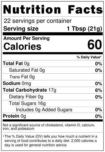 Nutrition facts label for Beeline Organic raw honey showing 100 percent pure honey with no added sugar or fats.