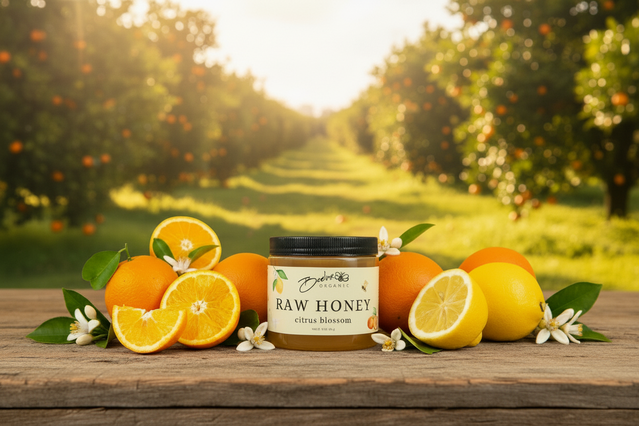 Beeline Organic raw honey jar in a Fresno orange orchard surrounded by fresh lemons and oranges.