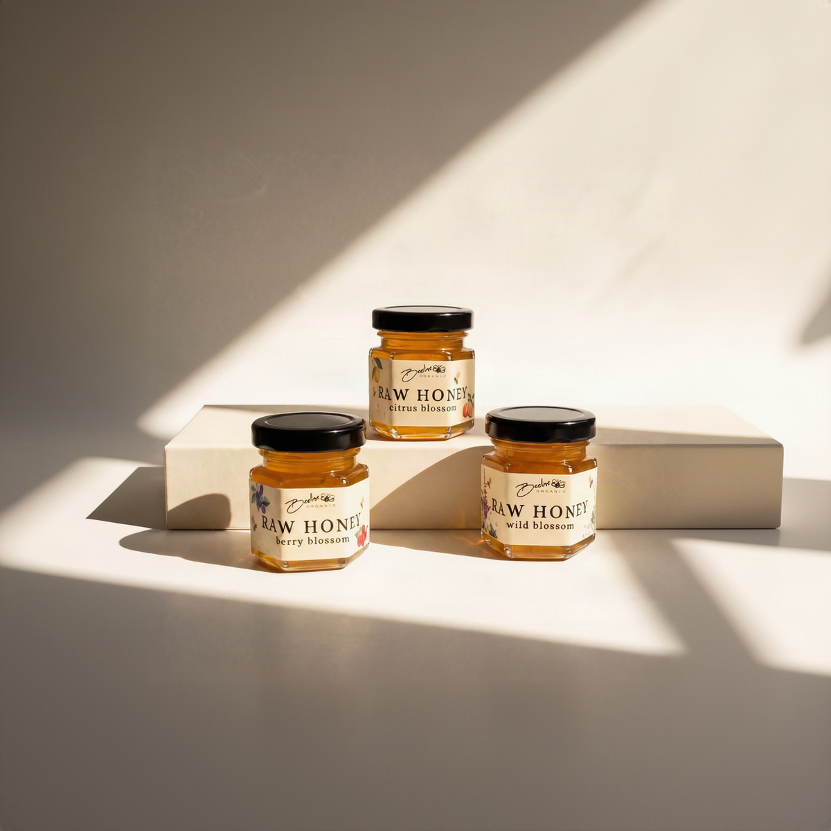 Beeline Organic raw honey sampler 3-pack — Citrus Blossom, Berry Blossom and Wild Blossom unfiltered honey jars