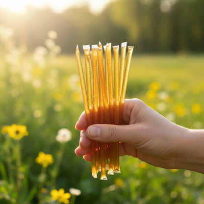 A bundle of 100 percent pure raw honey sticks from Washington state.