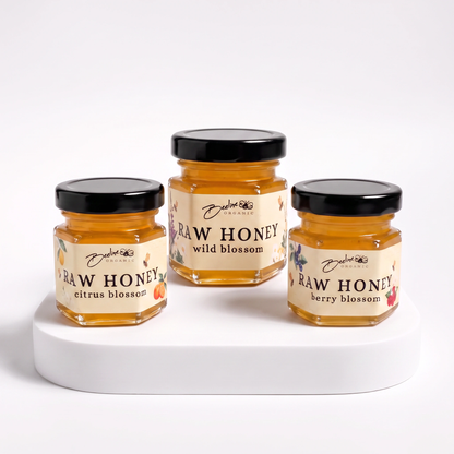 Raw honey tasting set 3 jars — Citrus Blossom Berry Blossom and Wild Blossom single origin honey by Beeline Organic