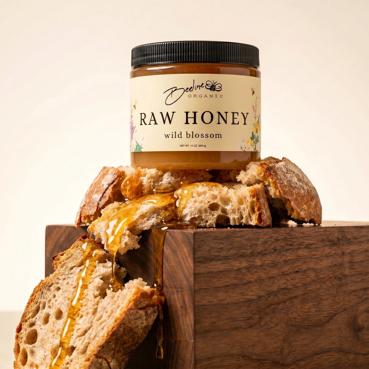 Wild blossom raw honey 16oz jar detail — unfiltered fireweed knotweed blackberry lavender honey from Granite Falls WA