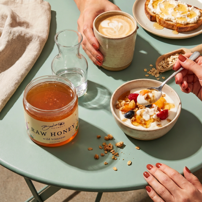 Beeline Organic raw wild blossom honey 16oz lifestyle — small batch Pacific Northwest wildflower honey