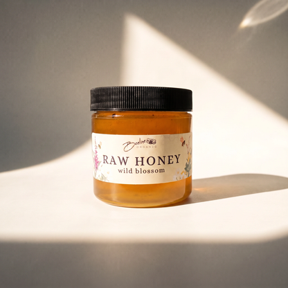 Raw wild blossom honey 4oz jar — pure unfiltered Pacific Northwest wildflower honey from Granite Falls Mountain Washington