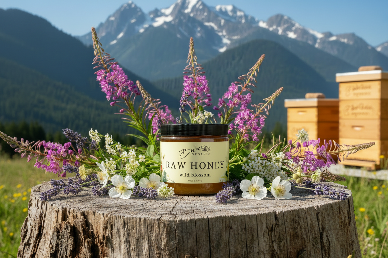 Beeline Organic raw honey jar in the Granite Falls mountains surrounded by wild blackberries and fireweed.